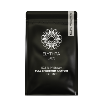 Confezione nera di ELYTHRA LABS Estratto di Kratom Premium a Spettro Completo 52,5% con logo floreale bianco e etichetta 52,5% Mitraginina.