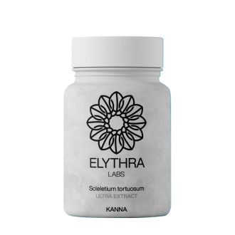 Bottiglia bianca di integratore etichettata &ldquo;ELYTHRA LABS &ndash; Sceletium tortuosum ULTRA EXTRACT (KANNA)&rdquo; con un logo nero floreale-geometrico sul fronte.